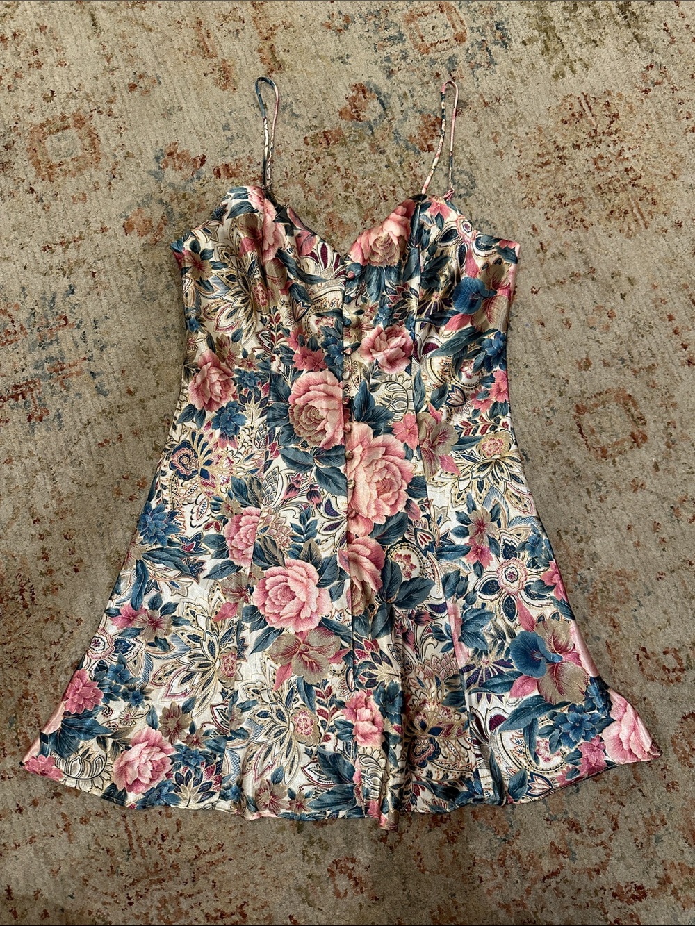 Vintage Victoria's Secret Floral Satin Slip dress in Cream, Pink & Blue